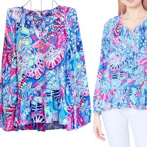 Lilly Pulitzer Tensley Floral Preppy Blouse Top, Raz Berry Catty Shack, Size XS
